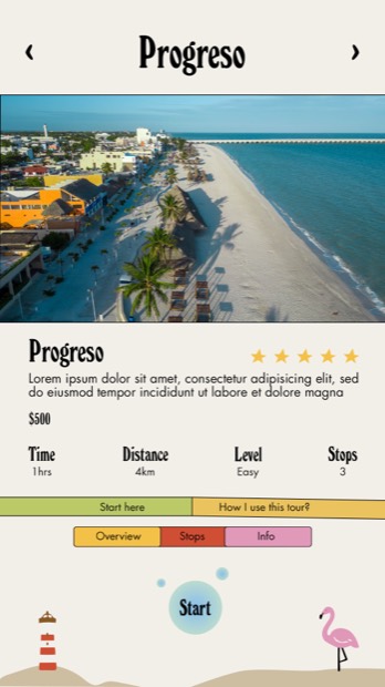 The Ruut tour detail screen for Progreso, showing duration, distance, difficulty and number of stops.