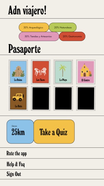 The Travel DNA and Passport screen, showing category percentages as pills and collected stamps in a grid.